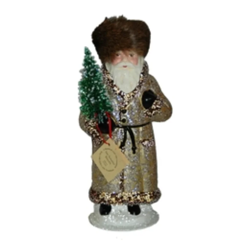 Santa in Russian Hat, Paper Mache Candy Container, latte glitter with fur, by Ino Schaller