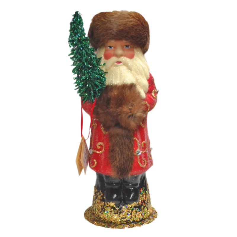 Santa in Russian Hat, Paper Mache Candy Container, red with siwrl decor and fur hat, by Ino Schaller