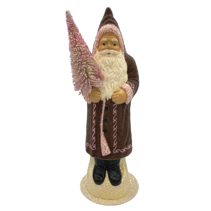 Santa Candy Container, Beaded Brown Coat with Sugar Rose Decoration by Ino Schaller