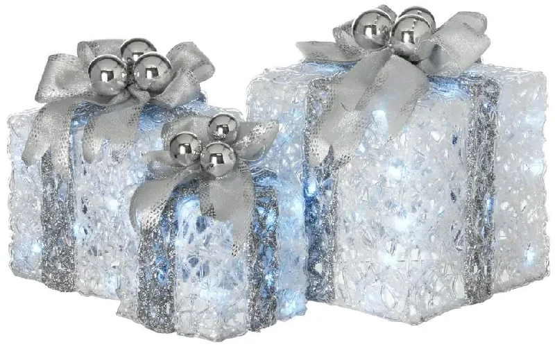 Set of 3 Glittered White Gift Boxes with 70 Cool White Twinkle LED Lights