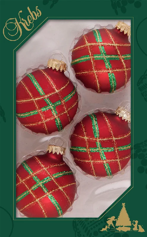 Set of 4 Diagonal Plaid Glitter Glass Ball Ornaments