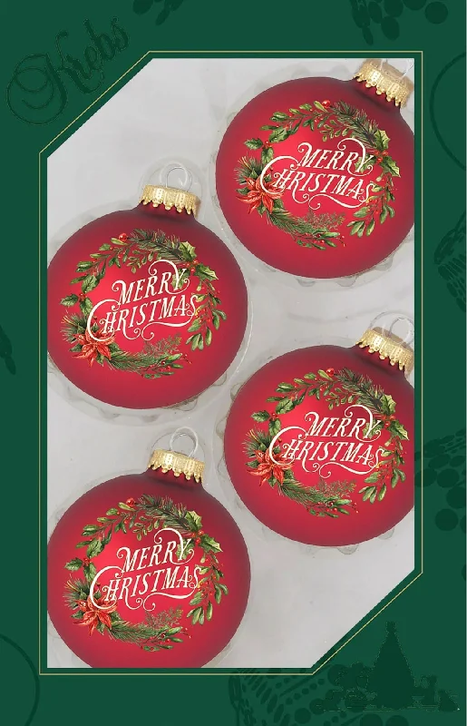 Set of 4 Red Velvet Merry Christmas Wreath Glass Ornaments