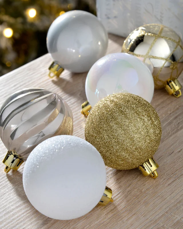 White/Gold Shatterproof Baubles, 48 Pack, 6 cm