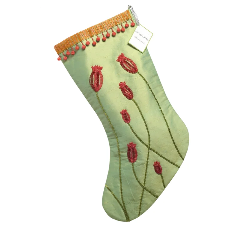 Silk Christmas Stocking in Green with Hand Beaded Poppies