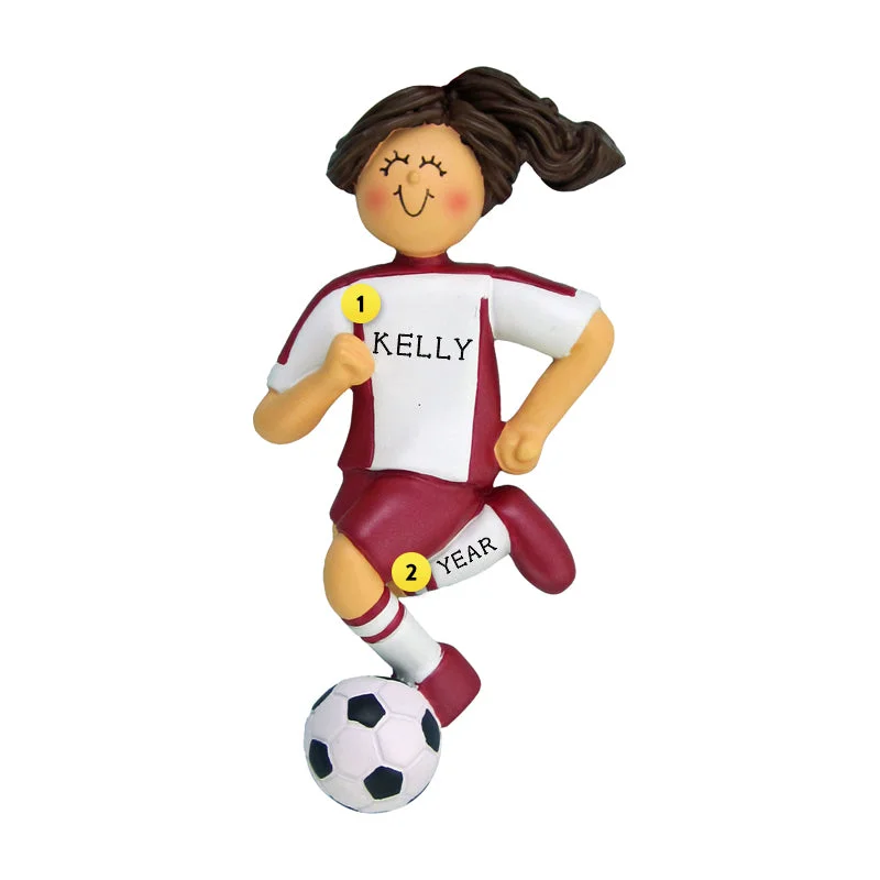 Personalized Soccer Ornament - Female, Brown Hair in Red Uniform