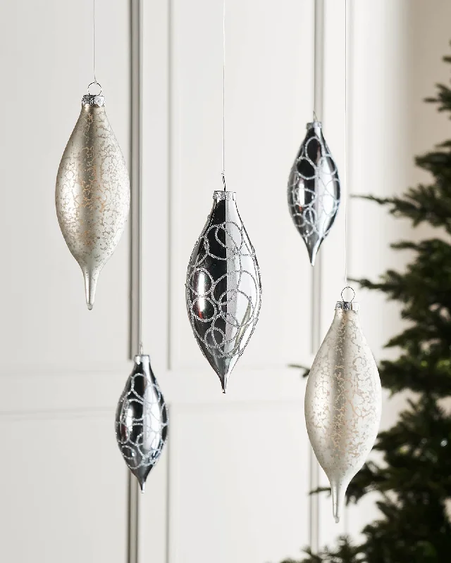 Silver Glass Baubles, 5 Pack, 15 cm