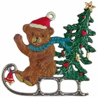 Teddy Bear on Sled, Painted on Both Sides with Tree Pewter Ornament by Kuehn Pewter