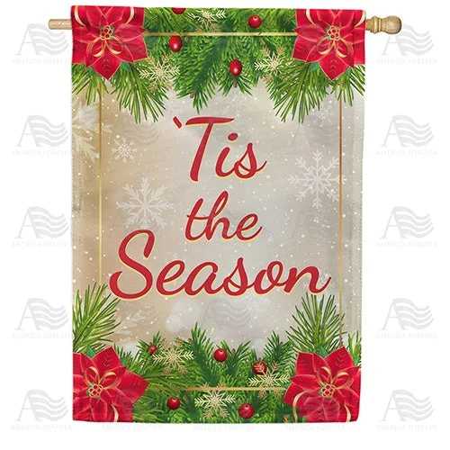 Tis The Season Poinsettia & Greenery Double Sided House Flag