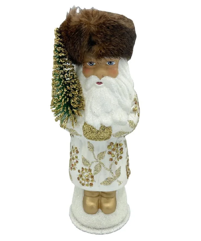 Santa in Russian Hat, Paper Mache Candy Container, ivory with gold berry decor, by Ino Schaller