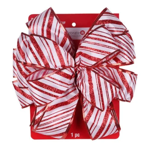 11" x 53" White Satin 16-Loop Christmas Tree Topper Bow with Red Glitter Candy Cane Stripes