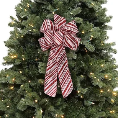 8" x 17" White Satin 6-Loop Christmas Bow with Red Glitter Candy Cane Stripes